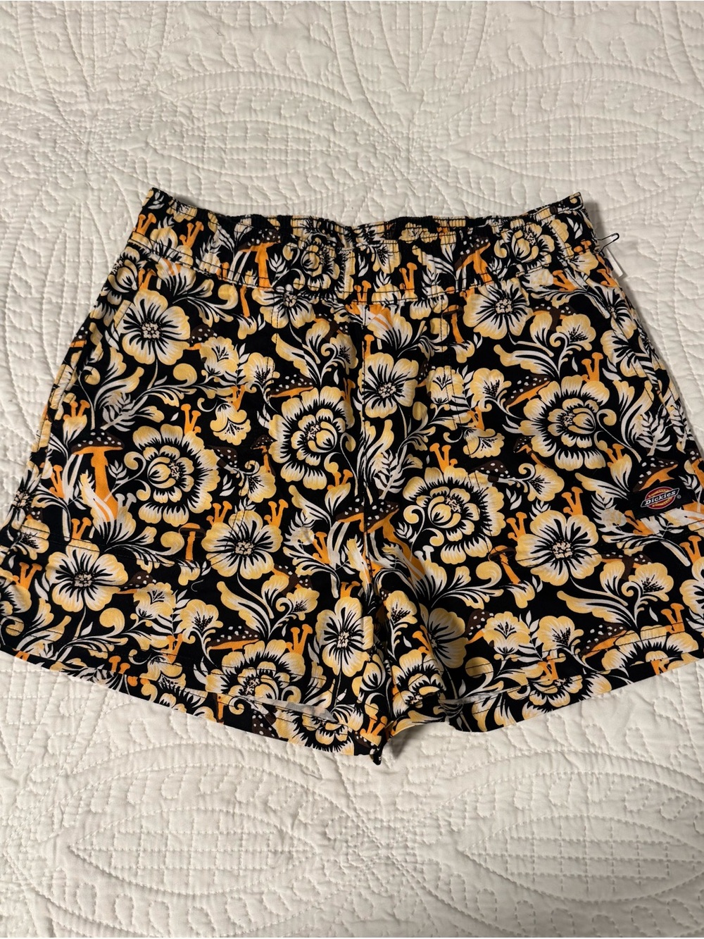 Dickies Women's Black Floral Shorts with Yellow Accents